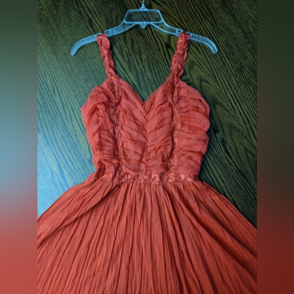Vtg 40s Nightgown sz 38 nylon sheer peignoir lace embroidered red lace ruche